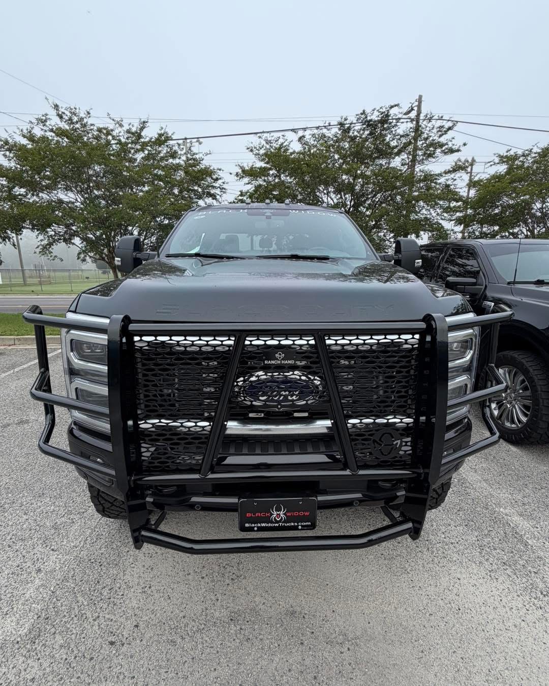 Front view of a truck with a heavy-duty black grille guard